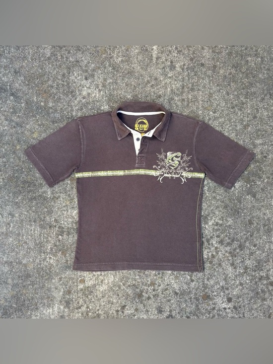 Side Out Other - Y2K Sideout Boys Large Polo Shirt Brown Graphic Skate Surf Grunge Collared Tee